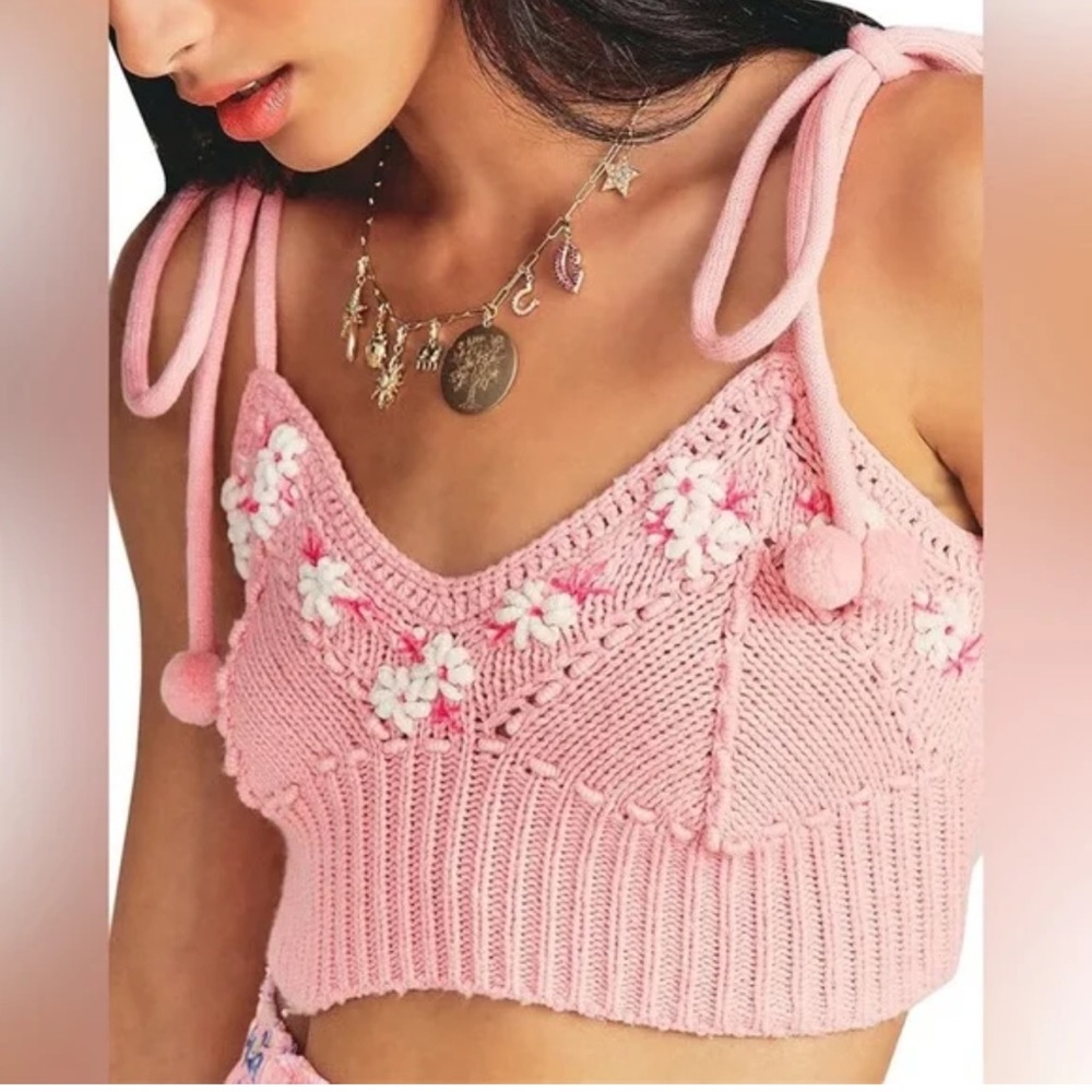 LoveShackFancy Lago Cropped Pink Knitted Bralette Top NWT